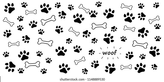 Dog Bone and footsteps. Canine foot, feet print pictogram. Hound footprints silhouette. Dogs paw. Woof, bite sign. Vector bones. Lover animal day or dog day.