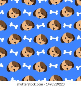 dog bone and dog head isolated seamless pattern on blue color background. dog bone and dog head. Vector Illustration