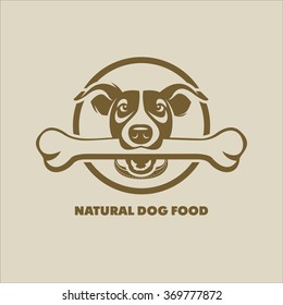 Dog. A dog with a bone in her teeth. Vector sign logo. Fodder for animals.