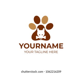 Dog with bone in his teeth and in dog paw, logo template. Pet and dog head, vector design. Animal illustration