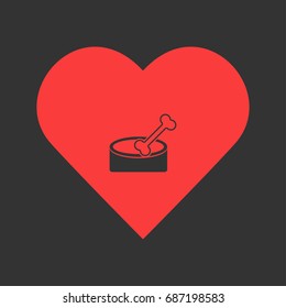 Dog Bone icon flat. Simple pictogram on heart background. Vector illustration symbol