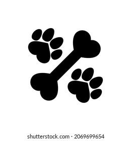 Dog bone icon and logo with paw, pawprint, paw print, footprint and heart. Vector clipart. Isolated illustration оn white background. Black silhouette.