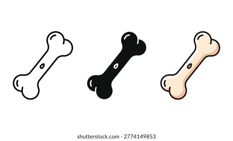 Dog Bone Icons Set: Outline, Silhouette, and Color Vector Illustration