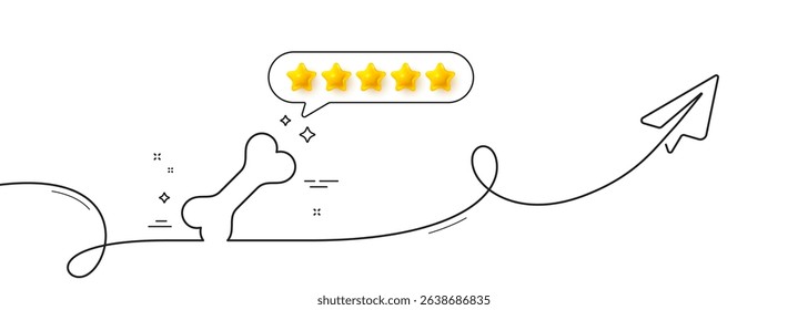 Dog bone line icon. Continuous line with share plane. Pets food sign. Pet feeding symbol. Five star rate review in speech bubble. Dog bone single line ribbon. Loop curve pattern. Vector