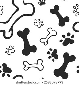 Dog bone and paw pattern.Dog bones; seamless vector pattern background. Fun hand-drawn doodle scattered canine backdrop with bones. Print for textiles animal repeat doggie and cat and pet . EPS 10