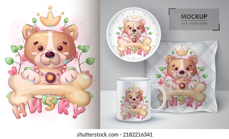 Dog with bone poster and merchandising