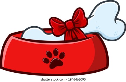 Dog Bone With Ribbon And Bow Cartoon Drawing. Vector Illustration Isolated On White Background