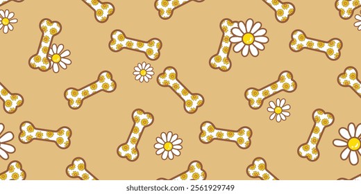 Dog bone seamless pattern flower daisy doodle cartoon vector tile background gift wrapping paper repeat wallpaper illustration scarf isolated design