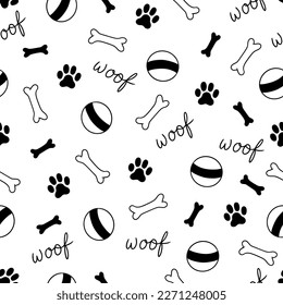 Dog bone seamless pattern. Dog footprint stamp, bone, toy background. Puppy cute hand drawn doodle texture wallpaper. Vector illustration