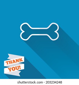 Dog bone sign icon. Pets food symbol. White flat icon with long shadow. Paper ribbon label with Thank you text. Vector