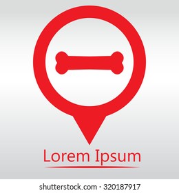 Dog bone sign icon. Pets food symbol.  red icon map pin.