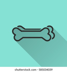 Dog bone vector icon with long shadow. Black illustration isolated on green background for graphic and web design.