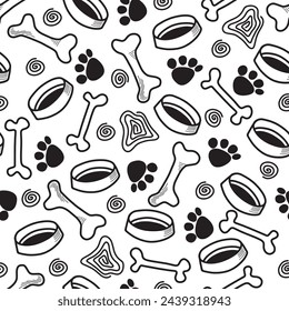 Dog Bone vector dog paw doodle Seamless pattern. Packaging paper design, pet food accessories package.