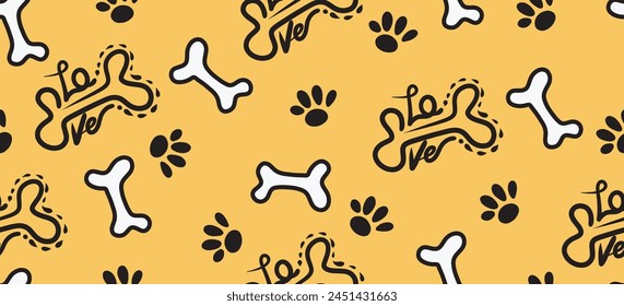 Dog Bone vector dog paw doodle Seamless pattern. Packaging paper design, pet food accessories package.