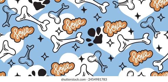 Dog Bone vector dog paw doodle Seamless pattern. Packaging paper design, pet food accessories package.