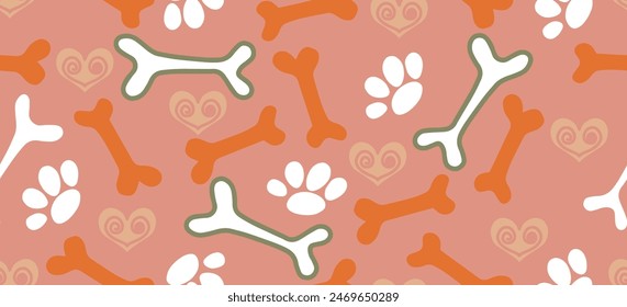 Dog Bone vector dog paw doodle Seamless pattern. Packaging paper design, pet food accessories package.