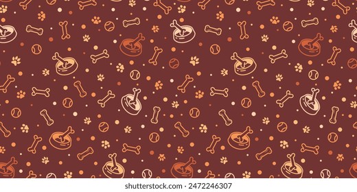 Dog Bone vector dog paw doodle dog food bowl Seamless pattern isolated dark brown wallpaper background