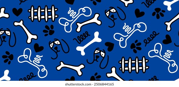 Perro Hueso Vector pata de perro doodle Patrón sin fisuras. Diseño de papel de embalaje, paquete de accesorios de alimentos para mascotas.