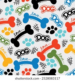 Dog Bone vector dog paw doodle Seamless pattern. Packaging paper design, pet food accessories package.