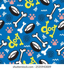 Dog Bone vector dog paw doodle Seamless pattern. Packaging paper design, pet food accessories package.