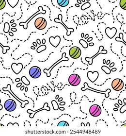 Dog Bone vector dog paw doodle Seamless pattern. Packaging paper design, pet food accessories package.