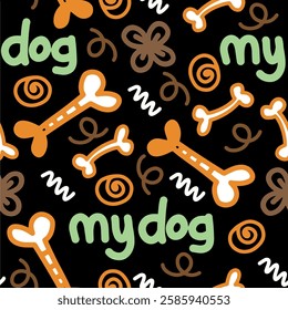 Dog Bone vector dog paw doodle Seamless pattern. Packaging paper design, pet food accessories package.