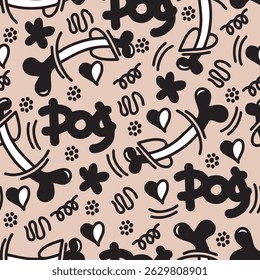 Perro Hueso Vector pata de perro doodle Patrón sin fisuras. Diseño de papel de embalaje, paquete de accesorios de alimentos para mascotas.