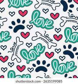 Dog Bone vector dog paw doodle Seamless pattern. Packaging paper design, pet food accessories package.