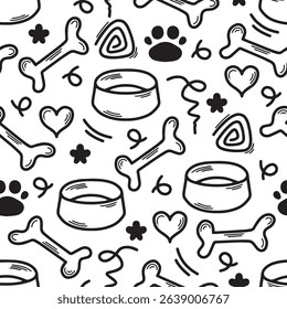 Dog Bone vector dog paw doodle Seamless pattern. Packaging paper design, pet food accessories package.