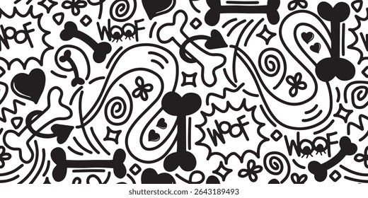 Dog Bone vector dog paw doodle Seamless pattern. Packaging paper design, pet food accessories package.