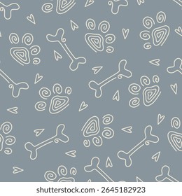 Dog Bone vector dog paw doodle Seamless pattern. Packaging paper design, pet food accessories package.