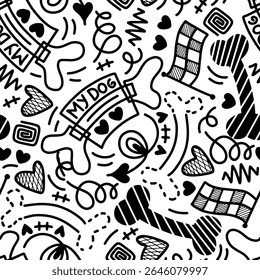Dog Bone vector dog paw doodle Seamless pattern. Packaging paper design, pet food accessories package.