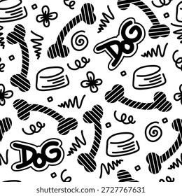 Perro Hueso Vector pata de perro doodle Patrón sin fisuras. Diseño de papel de embalaje, paquete de accesorios de alimentos para mascotas.