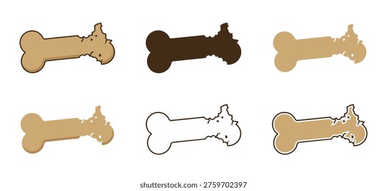 Dog bone vector set with six styles in beige, brown, dark brown and white outline, bitten bone illustration for pet shop, veterinary and animal care designs.