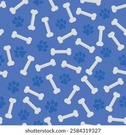Dog Bones and Paws Pattern - Messy Bones and Footprints on Blue Background. Seamless Link.