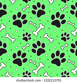 Dog bones seamless pattern. Bone and traces of puppy paws repetitive texture. Doggy endless background. Vector illustration