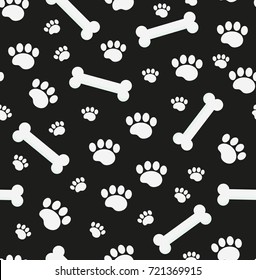 Dog bones seamless pattern. Bone and traces of puppy paws repetitive texture. Doggy endless background. Vector illustration
