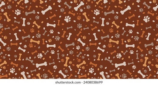 Dog Bones Seamless pattern dogs paw doodles Vector isolated dark brown wallpaper background