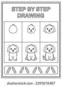 Dog. Book page, drawing step by step. Black and white vector coloring page.