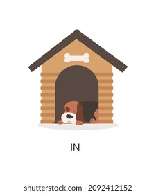 Dog in booth. Stylish pictures for design of textbook in English. Materials for schoolchildren and preschool children. Globalization and international communication. Cartoon flat vector illustration