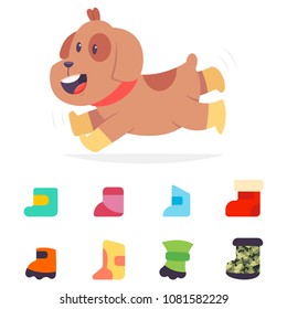 Dog boots flat icons. Vector cartoon set of shoes for pets isolated on white background. Funny puppy character illustration.