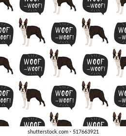 Dog boston terrier seamless pattern colorful with hand drawn banner woof-woof