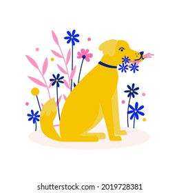 A dog with a bouquet of flowers on a white background. Vector flat illustration
