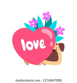 Dog with bouquet of flowers and pink heart, cute Valentine animal character vector Illustration
