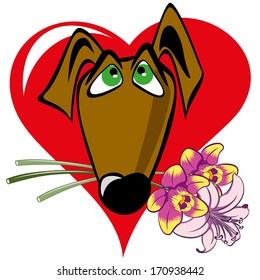 dog with a bouquet on the background of the heart