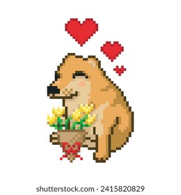 Dog with a bouquet of yellow flowers, pixel art meme