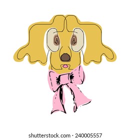 A dog with a bow. On a white background. Sketch, doodle