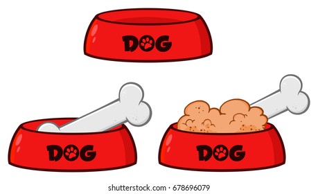 Dog Bowl With Animal Food And Bone Drawing Simple Design Set 1. Vector Collection Isolated On White Background