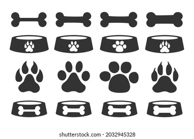 Dog bowl icon. A bowl of bones for a dog. animal feed in a bowl. Vector set.
