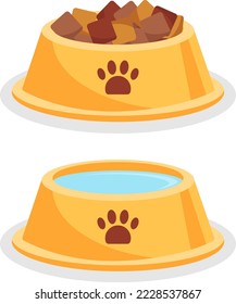 Icono de tazón de perro, comida de perro y tazón de agua aislados en fondo blanco. Vector, ilustración de dibujos animados.